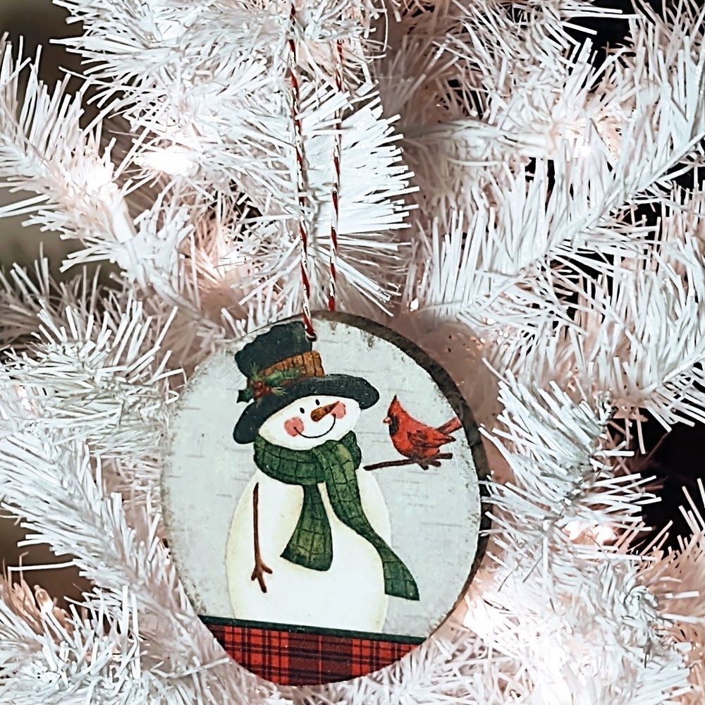 Hand Crafted Decoupage Wooden Christmas Ornament/Winter Snowman with Cardinal